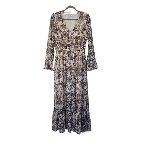 Fraiche By J Romantic Boho Neutral Floral Fall Hippie Maxi Dress, Size Large - Picture 1 of 13